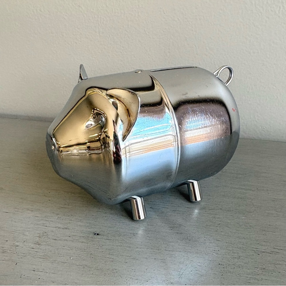 VTG Retro Metal Shiny Chrome Silver Tone Coin Piggy Bank Collectible Child Youth - Picture 2 of 8